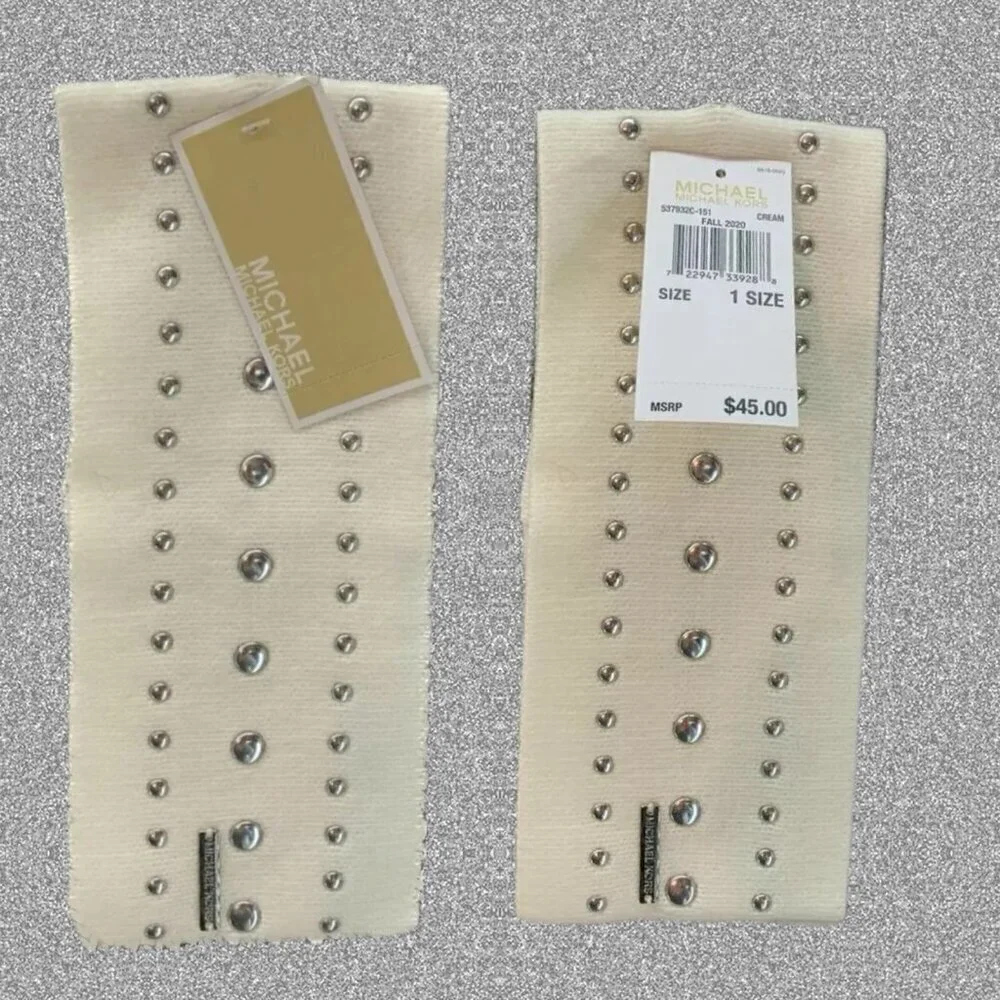 Michael Kors Logo Cream Silver Metallic Dome Studs Acrylic Sweater Headband